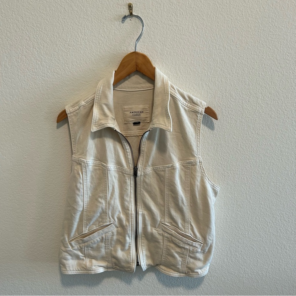 American Eagle Beige Zip-Up Denim Vest